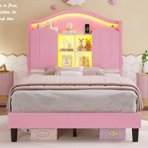 BTHFST Girls LED Twin Size Bed Frame with Upholstered, photograph 3 of 8 published for this piece