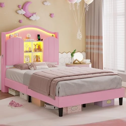 BTHFST Girls LED Twin Size Bed Frame with Upholstered, pink, product photo
