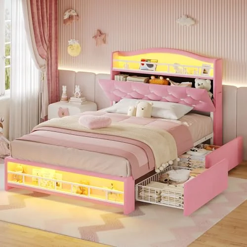 BTHFST Girls Twin Bed Frame, pink-4 drawers, product photo