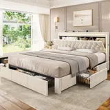 BTHFST King Size Bed Frame with 5 Storage Drawers, beige with 5 drawers, product photo