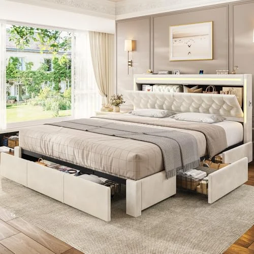 BTHFST King Size Bed Frame with 5 Storage Drawers, beige with 5 drawers, product photo