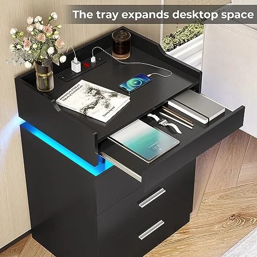 BTHFST Large Nightstand with Charging Station and LED Lights, photograph 5 of 7 published for this piece