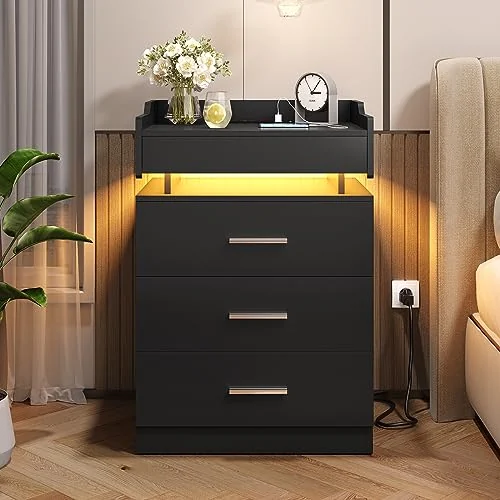 BTHFST Large Nightstand with Charging Station and LED Lights, black, product photo