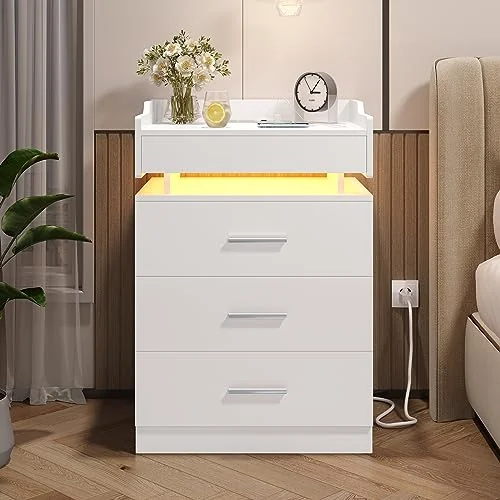 BTHFST Large Nightstand with Charging Station and LED Lights, white, product photo
