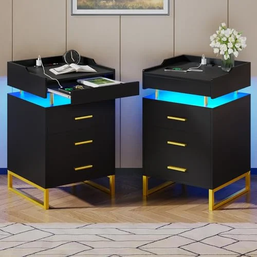 BTHFST LED Nightstand Set of 2 with Charging Station, black and gold, product photo