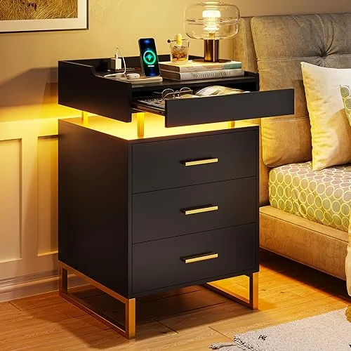BTHFST LED Nightstand with Charging Station, black and gold, product photo