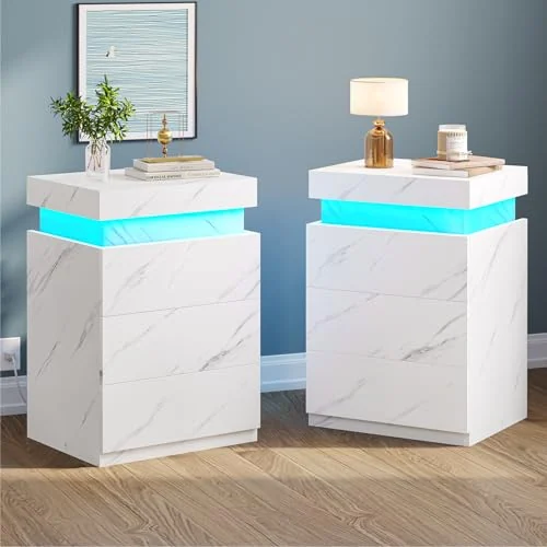 BTHFST LED Nightstands Set of 2, white marble, product photo