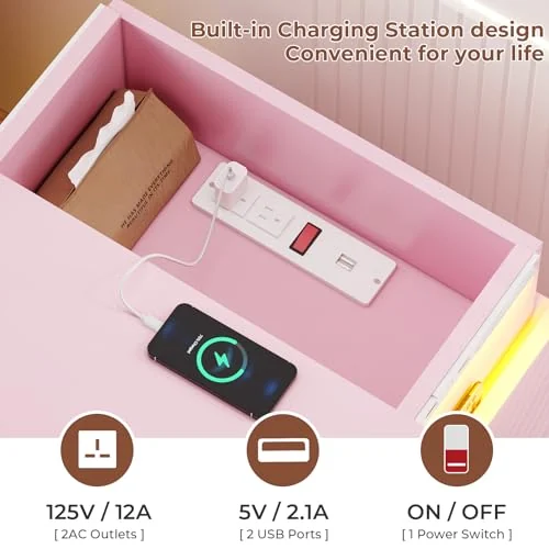BTHFST LED Pink Nightstands Set of 2 with Charging, photograph 3 of 7 published for this piece