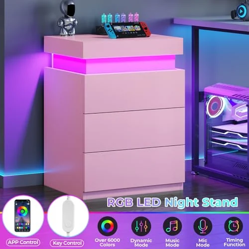 BTHFST LED Pink Nightstands Set of 2 with Charging, photograph 4 of 7 published for this piece