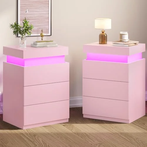 BTHFST LED Pink Nightstands Set of 2 with Charging, pink, product photo