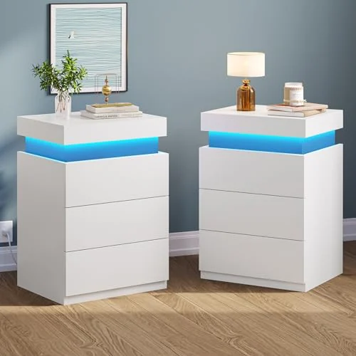 BTHFST LED White Nightstand Set of 2, white, product photo