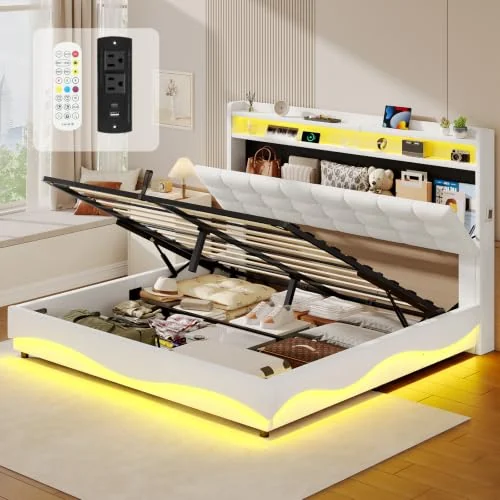 BTHFST Lift Up Queen Size Bed Frame with Storage, velvet white, product photo