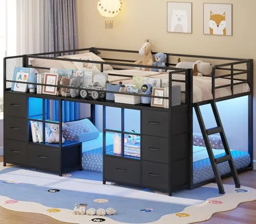 BTHFST Low Bunk Bed Twin Over Twin with 8, black, product photo