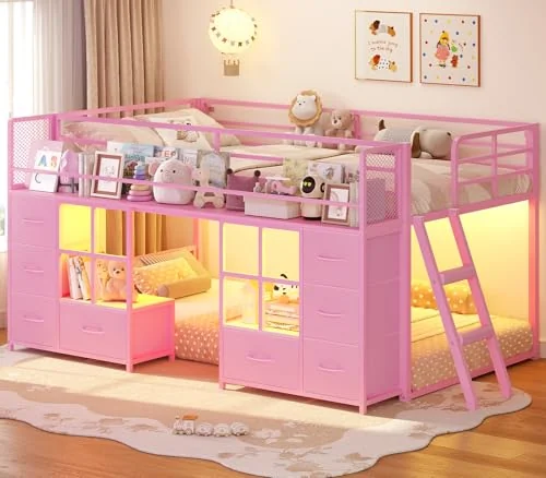 BTHFST Low Bunk Bed Twin Over Twin with 8, pink, product photo
