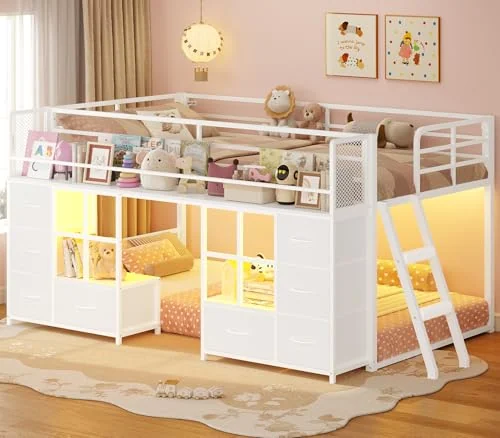BTHFST Low Bunk Bed Twin Over Twin with 8, white, product photo