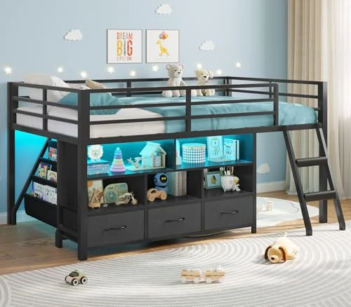 BTHFST Low LED Loft Bed Twin Size with Storage, black, product photo