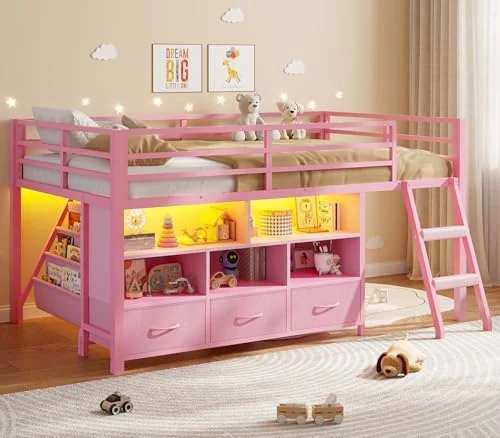 BTHFST Low LED Loft Bed Twin Size with Storage, pink, product photo