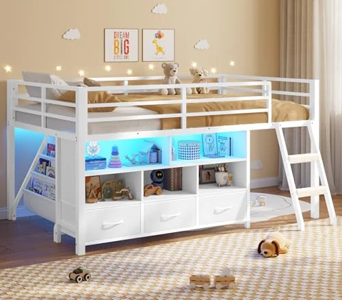 BTHFST Low LED Loft Bed Twin Size with Storage, white, product photo