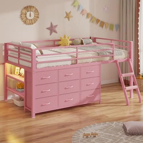 BTHFST Low Loft Bed Twin Size with 9 Storage, pink, product photo