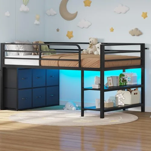 BTHFST Low Loft Bed Twin Size with 6 Storage, black & natural, product photo