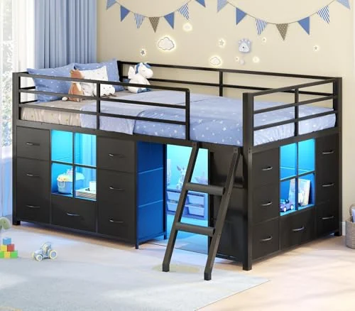BTHFST Low Loft Bed Twin Size with 14 Storage, black, product photo