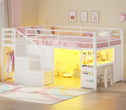 BTHFST Low Loft Bed Twin Size with Stairs, white-with desk, product photo