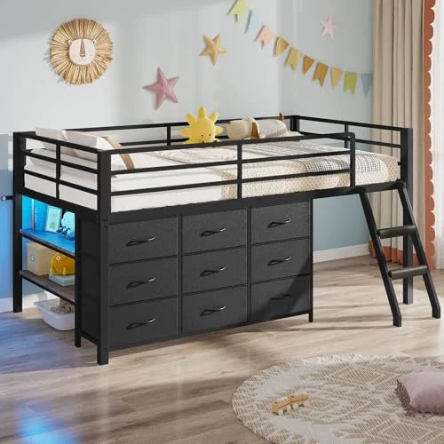 BTHFST Low Loft Bed Twin Size with 9 Storage, black, product photo