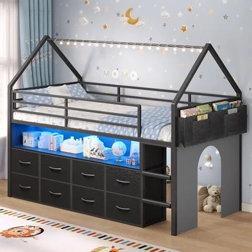 BTHFST Low Loft Bed Twin Size with 8 Storage, black, product photo