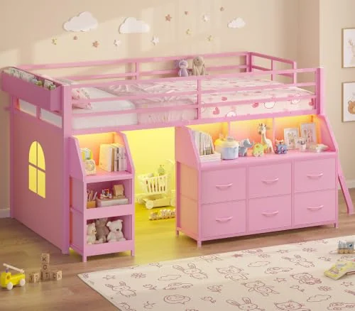 BTHFST Low Loft Bed Twin Size with Storage, pink, product photo