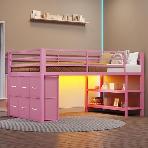 BTHFST Low Loft Bed Twin Size with 6 Storage, pink, product photo