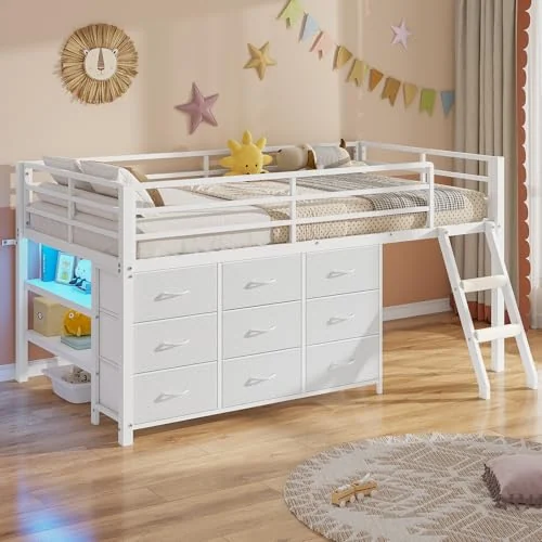 BTHFST Low Loft Bed Twin Size with 9 Storage, white, product photo