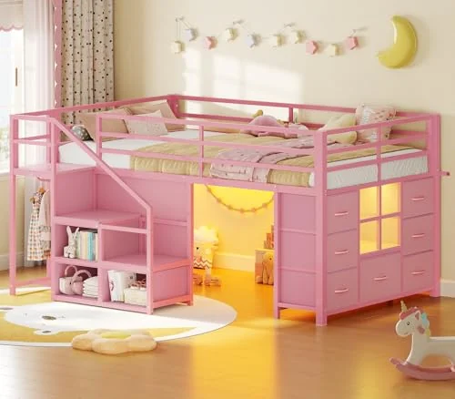 BTHFST Low Loft Bed Twin Size with Stairs, pink, product photo