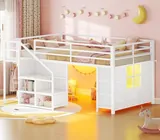 BTHFST Low Loft Bed Twin Size with Stairs, white, product photo
