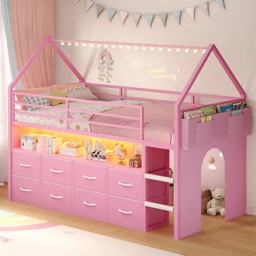 BTHFST Low Loft Bed Twin Size with 8 Storage, pink, product photo