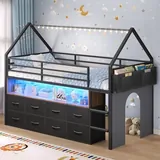 BTHFST Low Loft Bed Twin Size with 8 Storage, black & vintage brown, product photo