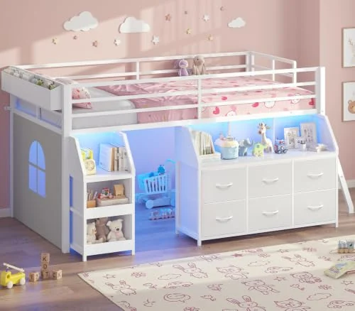BTHFST Low Loft Bed Twin Size with Storage, white, product photo