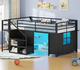 BTHFST Low Loft Bed Twin Size with Stairs, black, product photo