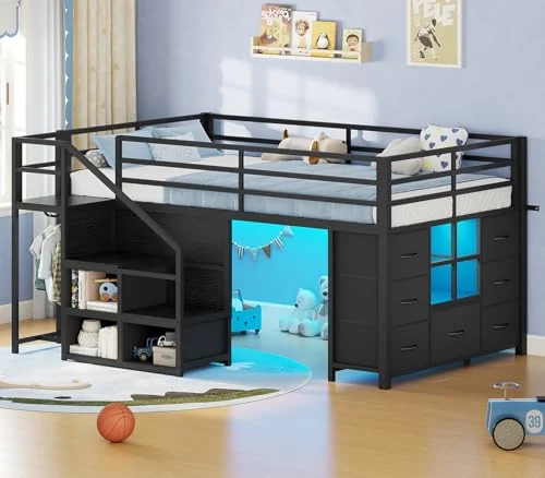 BTHFST Low Loft Bed Twin Size with Stairs, black, product photo