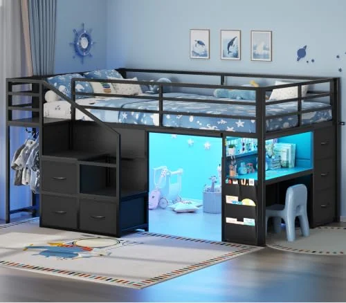 BTHFST Low Loft Bed Twin with Stairs, black-with desk, product photo