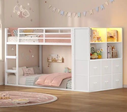 BTHFST Low Twin Over Twin Bunk Bed with 6, white, product photo