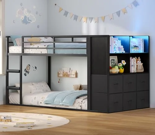 BTHFST Low Twin Over Twin Bunk Bed with 6, black, product photo