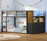 BTHFST Low Twin Over Twin Bunk Bed with 6, black & vintage brown, product photo