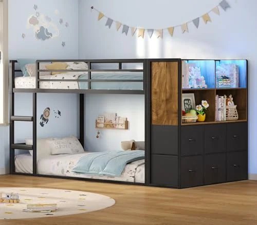 BTHFST Low Twin Over Twin Bunk Bed with 6, black & vintage brown, product photo