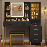 BTHFST Makeup Vanity with Upholstered Stool & Charging Station, black, product photo