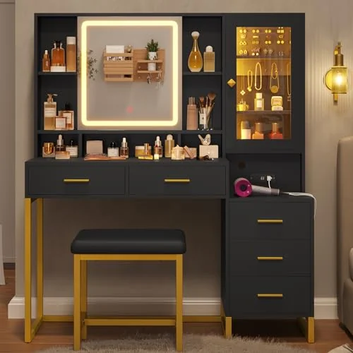 BTHFST Makeup Vanity with Upholstered Stool & Charging Station, black, product photo