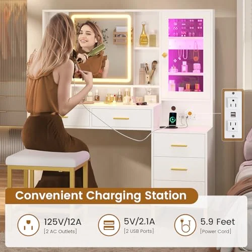 BTHFST Makeup Vanity with Upholstered Stool & Charging Station, photograph 5 of 9 published for this piece