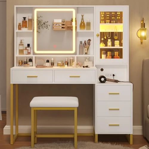 BTHFST Makeup Vanity with Upholstered Stool & Charging Station, white, product photo