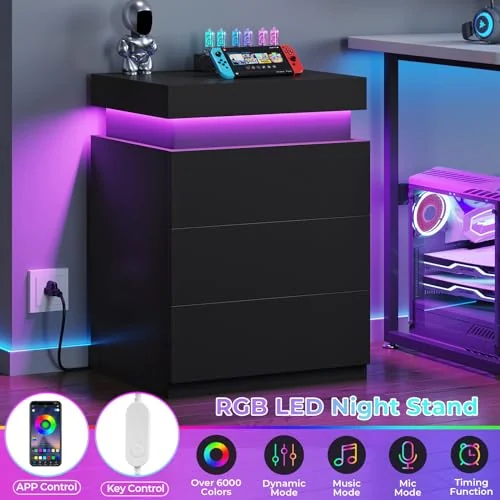 BTHFST Modern LED Black Nightstands Set of 2, photograph 4 of 9 published for this piece