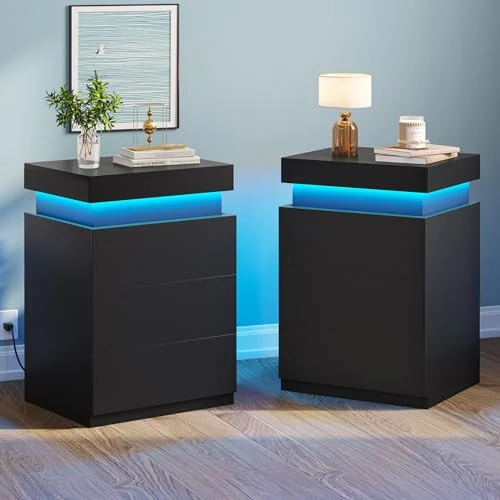 BTHFST Modern LED Black Nightstands Set of 2, black, product photo