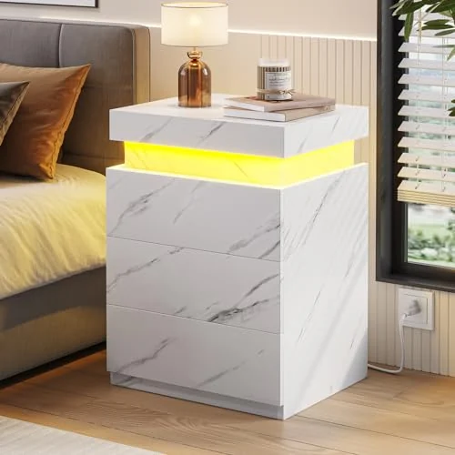 BTHFST Nightstand with LED Lights, white marble, product photo